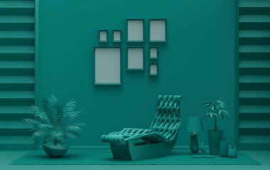 Meditasyon yatağı, mobilyası ve bitkileri olan, modern, düz, koyu yeşil renk odası, poster sunumu için duvarda 8 çerçevesi olan galeri duvarı şablonu, 3 boyutlu tasarım, poster sunumu
