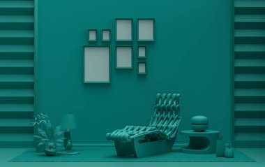 Meditasyon yatağı, mobilyası ve bitkileri olan, modern, düz, koyu yeşil renk odası, poster sunumu için duvarda 8 çerçevesi olan galeri duvarı şablonu, 3 boyutlu tasarım, poster sunumu