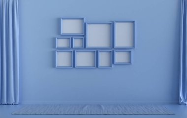 Mobilyasız ve boş renkli modern düz mavi renkli oda, duvarında 9 çerçeve olan poster sunumu, 3D Renderleme, poster sunumu