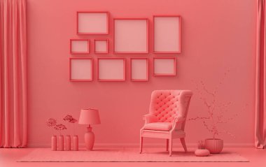 Modern iç mekan düz pembe, pembe turuncu renkli oda mobilya ve bitkilerle, duvarında 9 çerçeve olan galeri şablonu poster sunumu için, 3D Renxing, poster sunumu