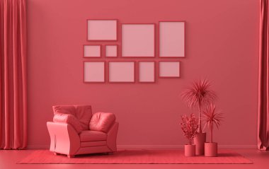 Modern iç döşeme koyu kırmızı, tek sandalyeli ve bitkilerli kestane rengi oda, poster sunumu için duvarda 9 çerçeve olan galeri şablonu, 3D Renxing, poster sunumu
