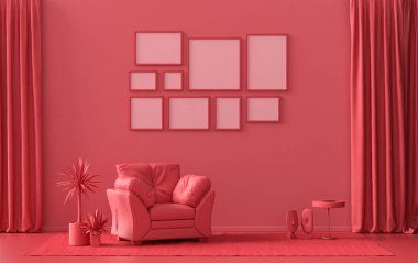 Modern iç döşeme koyu kırmızı, mobilya ve bitkilerle kestane rengi oda, duvarda poster sunumu için 9 çerçeveli galeri duvarı şablonu, 3D tasarım, poster sunumu