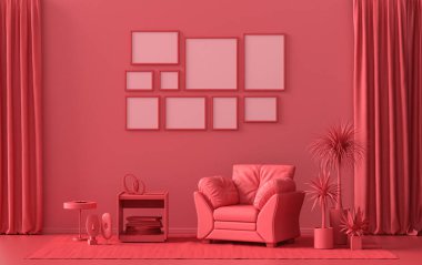 Modern iç döşeme koyu kırmızı, mobilya ve bitkilerle kestane rengi oda, duvarda poster sunumu için 9 çerçeveli galeri duvarı şablonu, 3D tasarım, poster sunumu