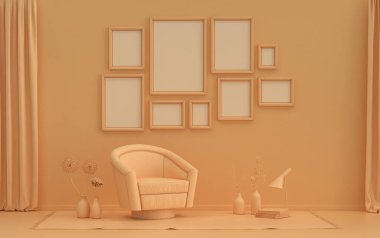 Mobilyaları ve bitkileri olan modern düz turuncu renkli oda, poster sunumu için duvarda 9 çerçevesi olan galeri duvarı şablonu, 3D Renxing, poster sunumu