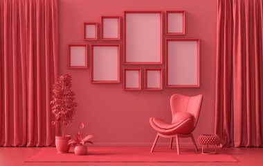 Modern iç döşeme koyu kırmızı, mobilya ve bitkilerle kestane rengi oda, duvarda poster sunumu için 9 çerçeveli galeri duvarı şablonu, 3D tasarım, poster sunumu
