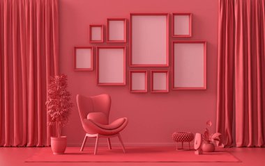 Modern iç döşeme koyu kırmızı, mobilya ve bitkilerle kestane rengi oda, duvarda poster sunumu için 9 çerçeveli galeri duvarı şablonu, 3D tasarım, poster sunumu