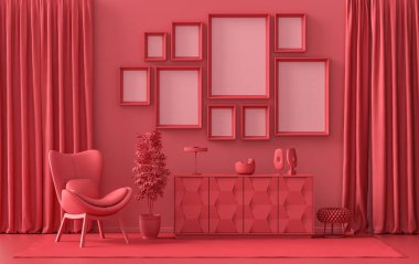 Modern iç döşeme koyu kırmızı, mobilya ve bitkilerle kestane rengi oda, duvarda poster sunumu için 9 çerçeveli galeri duvarı şablonu, 3D tasarım, poster sunumu