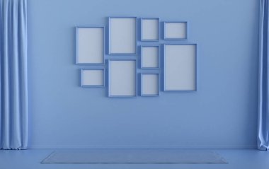 Mobilyasız ve boş renkli modern düz mavi renkli oda, duvarında 9 çerçeve olan poster sunumu, 3D Renderleme, poster sunumu