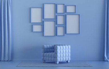 Modern iç düz açık mavi renkli oda, tek sandalyeli, bitkisiz, duvarda 9 çerçeveli galeri şablonu poster sunumu için, 3d Renderleme, poster sunumu