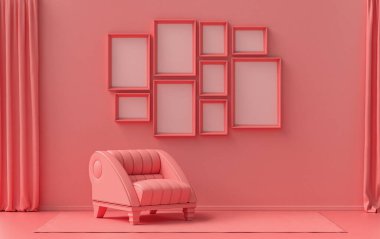 Modern iç mekan düz pembe, pembe turuncu renkli, tek sandalyeli, bitkisiz, duvarında 9 çerçeveli galeri duvarı şablonu poster sunumu için, 3D Rendering, poster sunumu