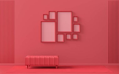 Modern iç döşeme koyu kırmızı, kahverengi renkli oda, bitkisiz ortanca puf, duvarında 9 çerçeve olan galeri şablonu poster sunumu için, 3D Rendering, poster sunumu