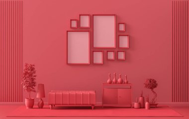 Modern iç döşeme koyu kırmızı, mobilya ve bitkilerle kestane rengi oda, duvarda poster sunumu için 9 çerçeveli galeri duvarı şablonu, 3D tasarım, poster sunumu