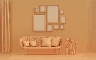 Modern dahili düz turuncu renkli oda tek sandalye ve bitkilerle, duvarında 9 çerçeve olan galeri şablonu poster sunumu için, 3d Renxing, poster sunumu