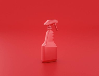 Kırmızı arka planda parlak kırmızı plastik sprey kaplar, düz renkler, tek renk, 3 boyutlu virüs koruma sıvısı, temizlik.