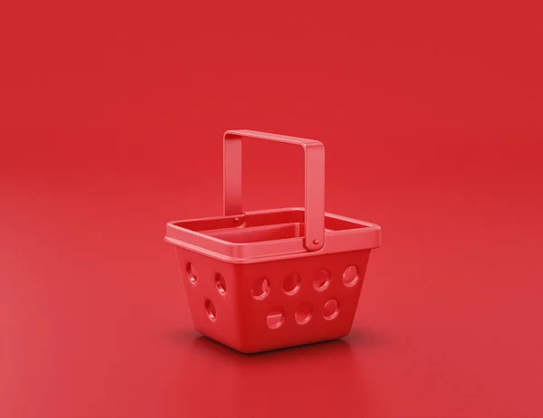Kırmızı zemin üzerinde düz renk alışveriş sepeti, parlak kırmızı plastik, tek renk, 3D işleme, alışveriş