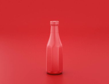 Kırmızı arka planda parlak kırmızı ketçap şişesi, düz renkler, tek renk, üç boyutlu renkler, fast food.