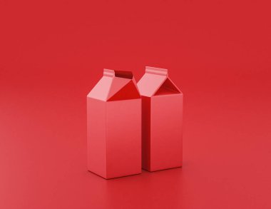 Parlak kırmızı karton süt ve meyve suyu kutusu paketi, kırmızı arka planda plastik nesne, düz renkler, tek renk, üç boyutlu renkler, sağlıklı içecek kabı.