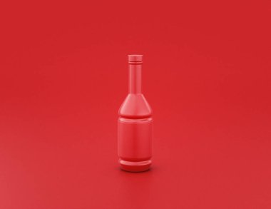 Kırmızı arka planda parlak kırmızı plastik yağ katkı şişesi, düz renkler, tek renk, üç boyutlu görüntüleme, yemek ve akşam yemeği.