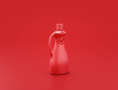 Kırmızı arka planda parlak kırmızı plastik şurup şişesi, düz renkler, tek renk, üç boyutlu görüntüleme, gıda katkı maddesi.