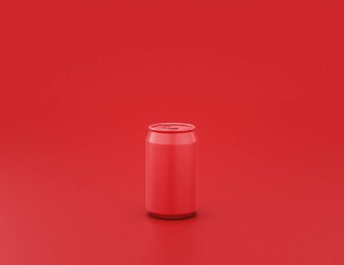 Düz renk, kırmızı arka planda parlak kırmızı plastik soda kutusu, tek renk, tek renk, 3D görüntüleme, fast food ve içecek nesnesi