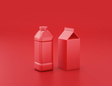 Kırmızı arka planda plastik ve karton süt ve meyve suyu kabı, düz renkler, tek renk, üç boyutlu işleme, sağlıklı içecek