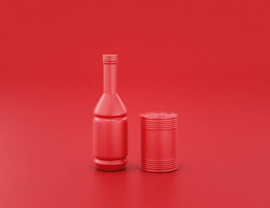 Parlak kırmızı plastik şurup kabı ve kırmızı arka planda bir teneke kutu, düz renkler, tek renk, üç boyutlu renkler, yiyecek