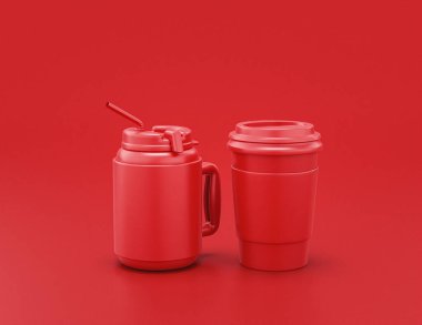Kırmızı arka planda parlak kırmızı plastik kahve fincanı, düz renkler, tek renk tek kullanımlık kağıt bardak, 3D görüntüleme, içecek kabı.
