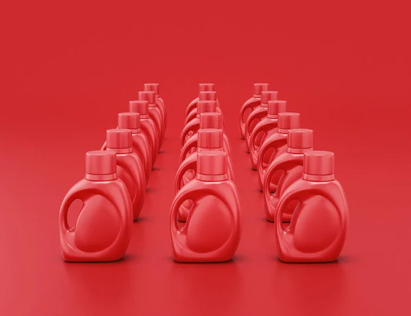 group of shiny red plastic detergent containers  in red background, flat colors, single color, 3d rendering, house cleaning liquid