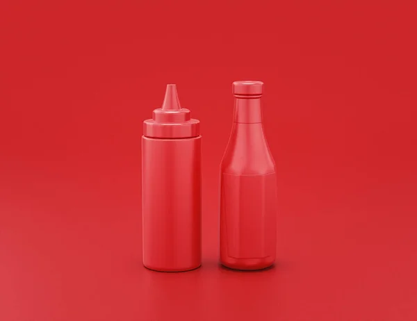 shiny red plastic ketchup bottle and mustard container with  in red background, flat colors, single color, 3d rendering, fast food and dinner