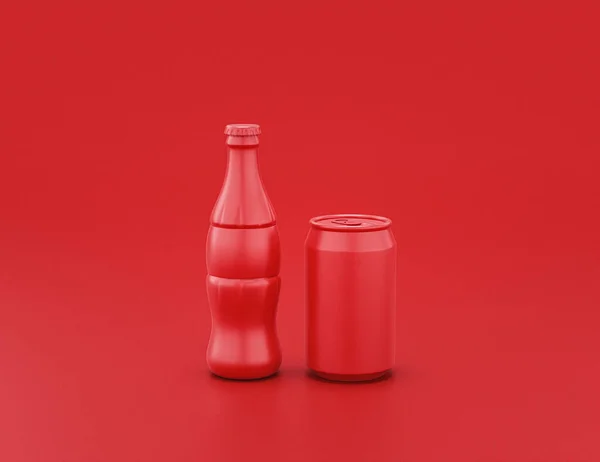 shiny red plastic soda and cola bottle and can in red background, flat colors, single color, 3d rendering, fast food