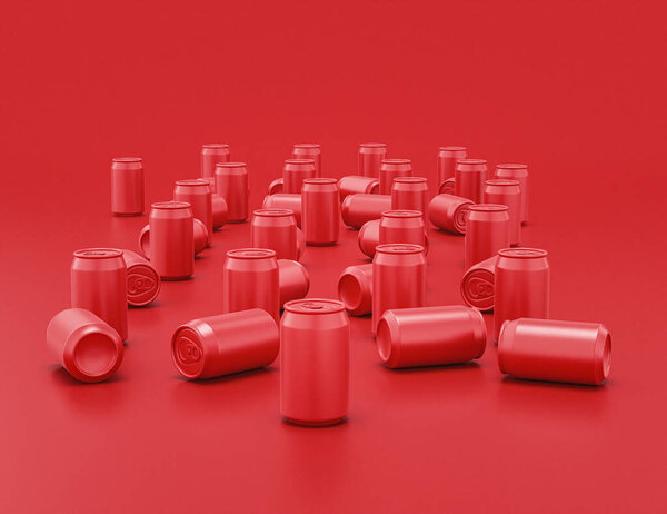 Flat Color Shiny Red Plastic Soda Cans Disorderly Scattered Red — Stock Photo, Image