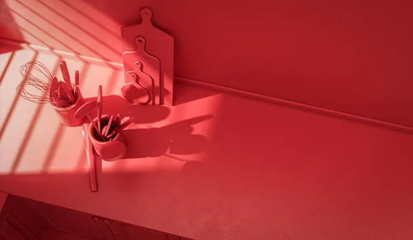 Stilisierte Arbeitsplatte Und Alltagsutensilien Darauf Warmen Morgensonnenlicht Monochrom Rote Farbe — Stockfoto