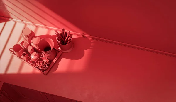 Stiliserade Bänkskivor Och Vardagsredskap Den Varmt Morgonljus Monokrom Röd Färg — Stockfoto