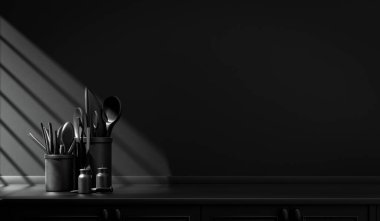 Karanlık mutfak tezgahı ve her gün tezgahın üzerinde sabah güneşinin altında duran aletler. tek renkli siyah renk konsepti, katı ve düz renk sahnesi, 3D yeniden düzenleme
