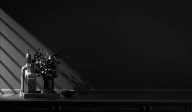 Karanlık mutfak tezgahı ve her gün tezgahın üzerinde sabah güneşinin altında duran aletler. tek renkli siyah renk konsepti, katı ve düz renk sahnesi, 3D yeniden düzenleme