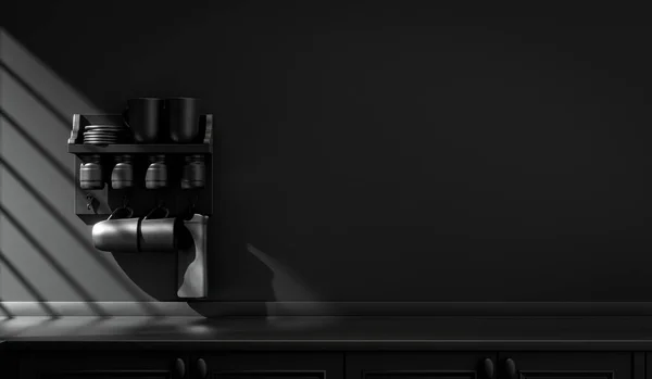 Donker Keukenaanrecht Alledaagse Gebruiksvoorwerpen Toonbank Warm Ochtendzonlicht Monochroom Zwart Kleurconcept — Stockfoto