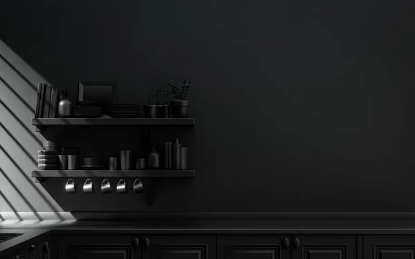 Wall mounted black kitchen dresser with everyday kitchenware inside in monochrome, single color black kitchen with countertop in warm morning sunlight. Flat color scene, 3d Rendering.
