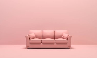 Tek kişilik izole kanepe, koltuk, düz tek renkli pembe arka planda kanepe, tek renk kompozisyon, 3d web sayfası, sunum ve resim çerçevesi arkaplanı.