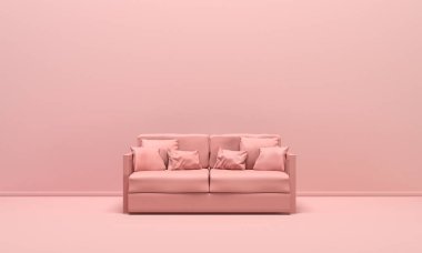 Tek kişilik izole kanepe, koltuk, düz tek renkli pembe arka planda kanepe, tek renk kompozisyon, 3d web sayfası, sunum ve resim çerçevesi arkaplanı.