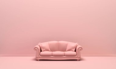 Tek kişilik izole kanepe, koltuk, düz tek renkli pembe arka planda kanepe, tek renk kompozisyon, 3d web sayfası, sunum ve resim çerçevesi arkaplanı.