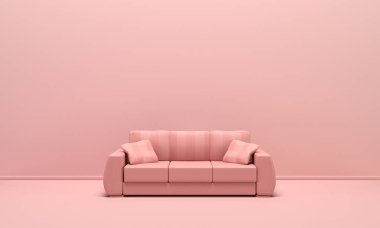 Tek kişilik izole kanepe, koltuk, düz tek renkli pembe arka planda kanepe, tek renk kompozisyon, 3d web sayfası, sunum ve resim çerçevesi arkaplanı.