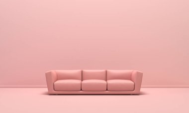 Tek kişilik izole kanepe, koltuk, düz tek renkli pembe arka planda kanepe, tek renk kompozisyon, 3d web sayfası, sunum ve resim çerçevesi arkaplanı.