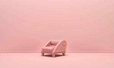 Düz tek renkli pembe arka planda tek kişilik izole sandalye, tek renk kompozisyonu, web sayfası, sunum ve resim çerçevesi arkaplanı için 3d oluşturma.