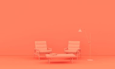 İç oda, tek renkli pembe turuncu renkli, mobilyalı ve oda aksesuarlı. Kopyalama alanı olan ışık arkaplanı. Web sayfası, sunum veya resim çerçevesi arkaplanı için 3B hazırlama.