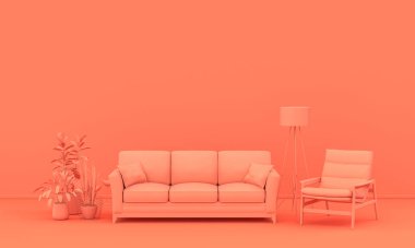 İç oda, tek renkli pembe turuncu renkli, mobilyalı ve oda aksesuarlı. Kopyalama alanı olan ışık arkaplanı. Web sayfası, sunum veya resim çerçevesi arkaplanı için 3B hazırlama.