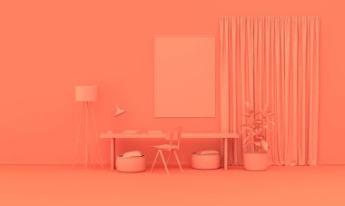 İç oda, tek renkli pembe turuncu renkli, mobilyalı ve oda aksesuarlı. Kopyalama alanı olan ışık arkaplanı. Web sayfası, sunum veya resim çerçevesi arkaplanı için 3B hazırlama.