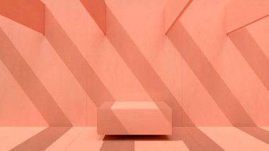 Güneşli bir günde duvarları ve zemini olan minimum pastel pembe mimari arkaplan, sunum veya web sitesi kullanımları için 3D görüntüleme özellikle tipografiksel kullanım