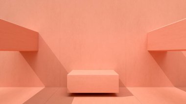 Güneşli bir günde duvarları ve zemini olan minimum pastel pembe mimari arkaplan, sunum veya web sitesi kullanımları için 3D görüntüleme özellikle tipografiksel kullanım