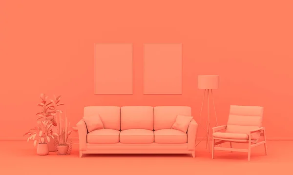 Flat Color Room Poster Showcase Monochrome Pinkish Orange Color Furnitures — Stock Photo, Image