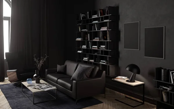 Dark living room interior with a leather sofa, seat and coffee table, empty frame, pillows, long curtain, black bookshelf in modern style the background, 3D Rendering